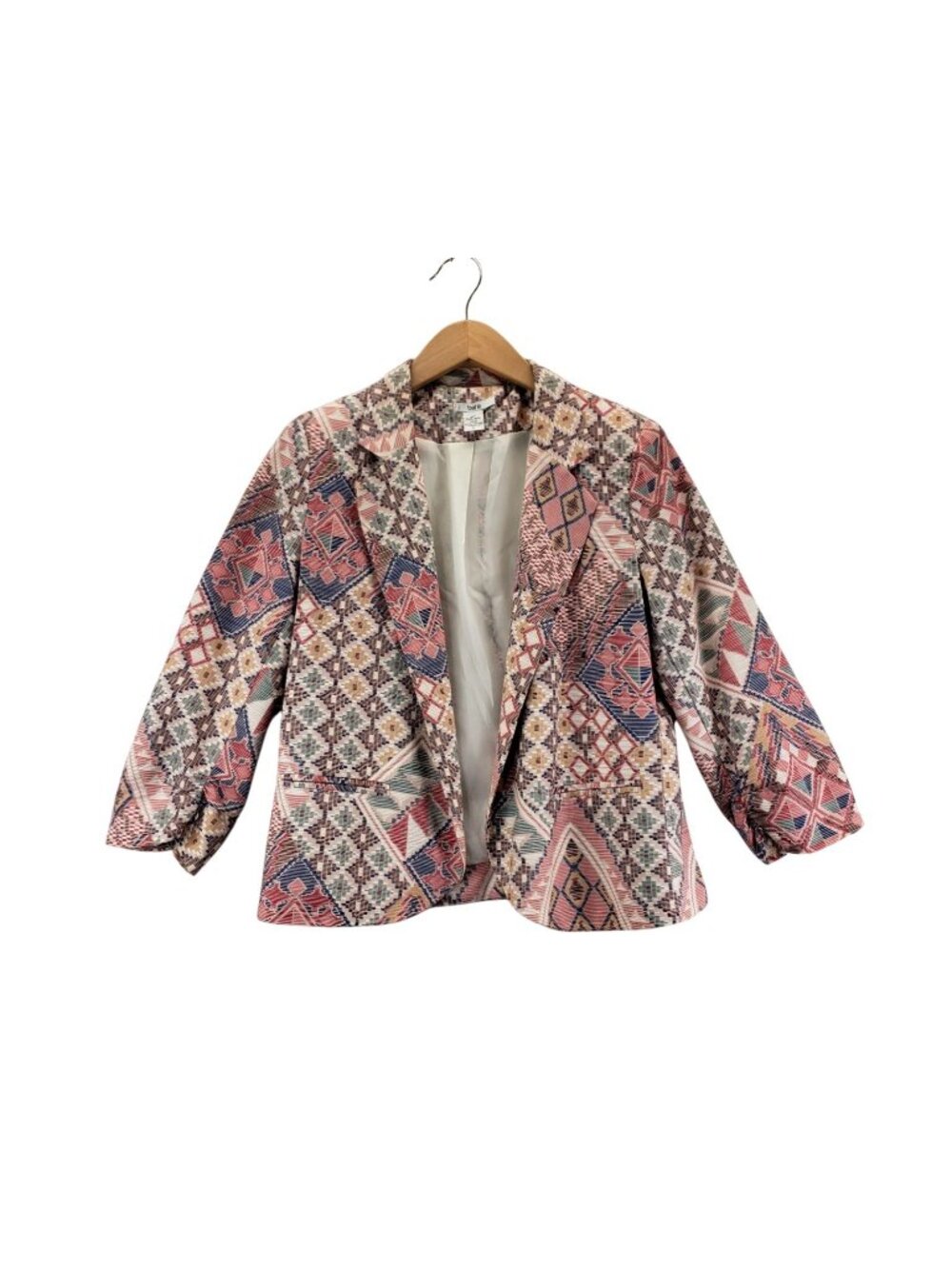 Aztec Print Open Front Blazer L by Bar III Pink Brown 3/4 Ruched Sleeve Career
